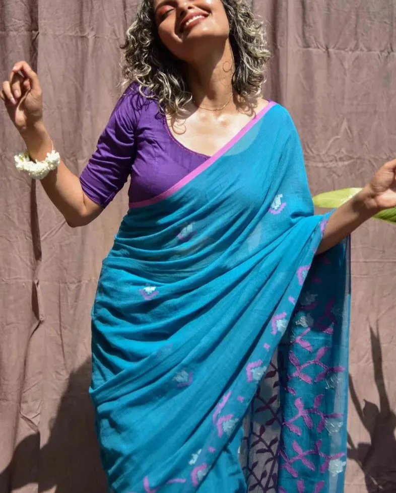 Readymade Purple Cotton Blouse With Hand Embroidery