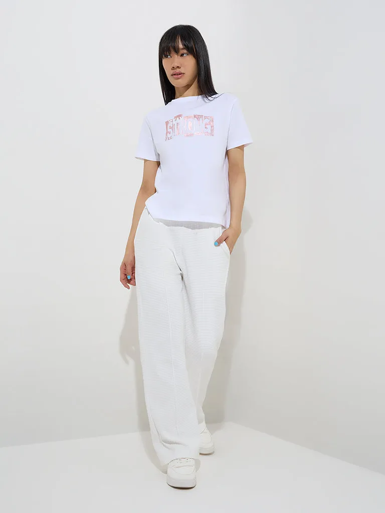 Studiofit White Text Design Cotton T-Shirt