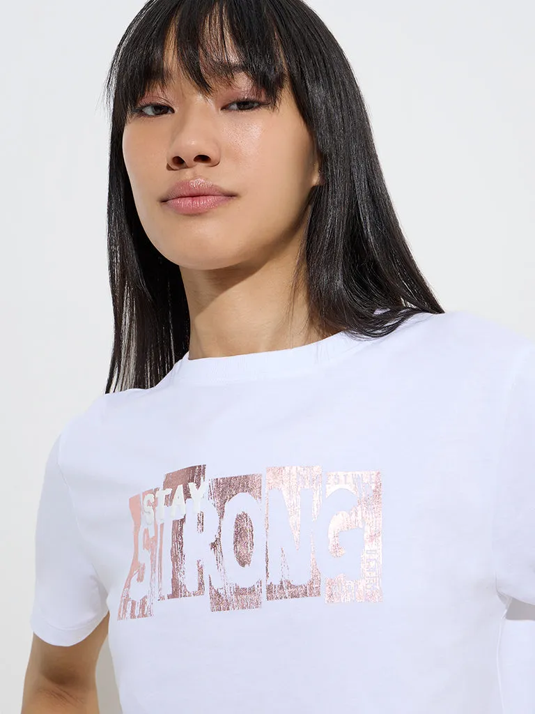 Studiofit White Text Design Cotton T-Shirt