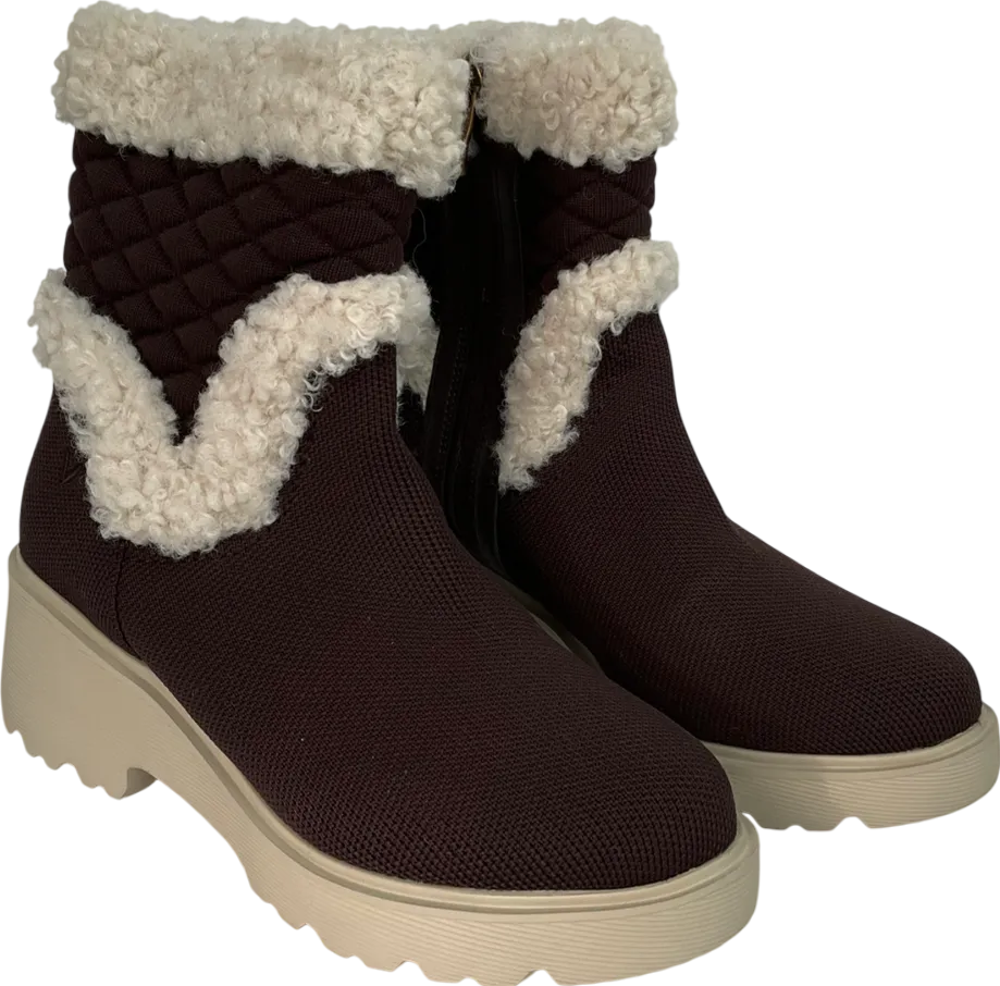 vivaia Brown Fluffy Round-toe Platform Chunky Wedge Boots UK 4 EU 37 